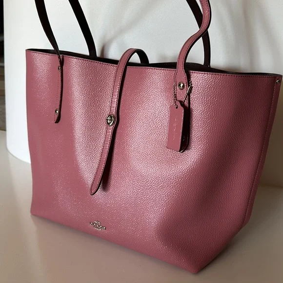 Coach 58850 Market Tote Pebble Leather Glitter Pink Rose Polished Silver Hangbag - Picture 3 of 10